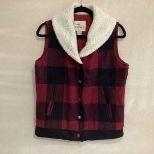 bob timberlake vest women’s M black/red plaid Sherpa collar thermolite